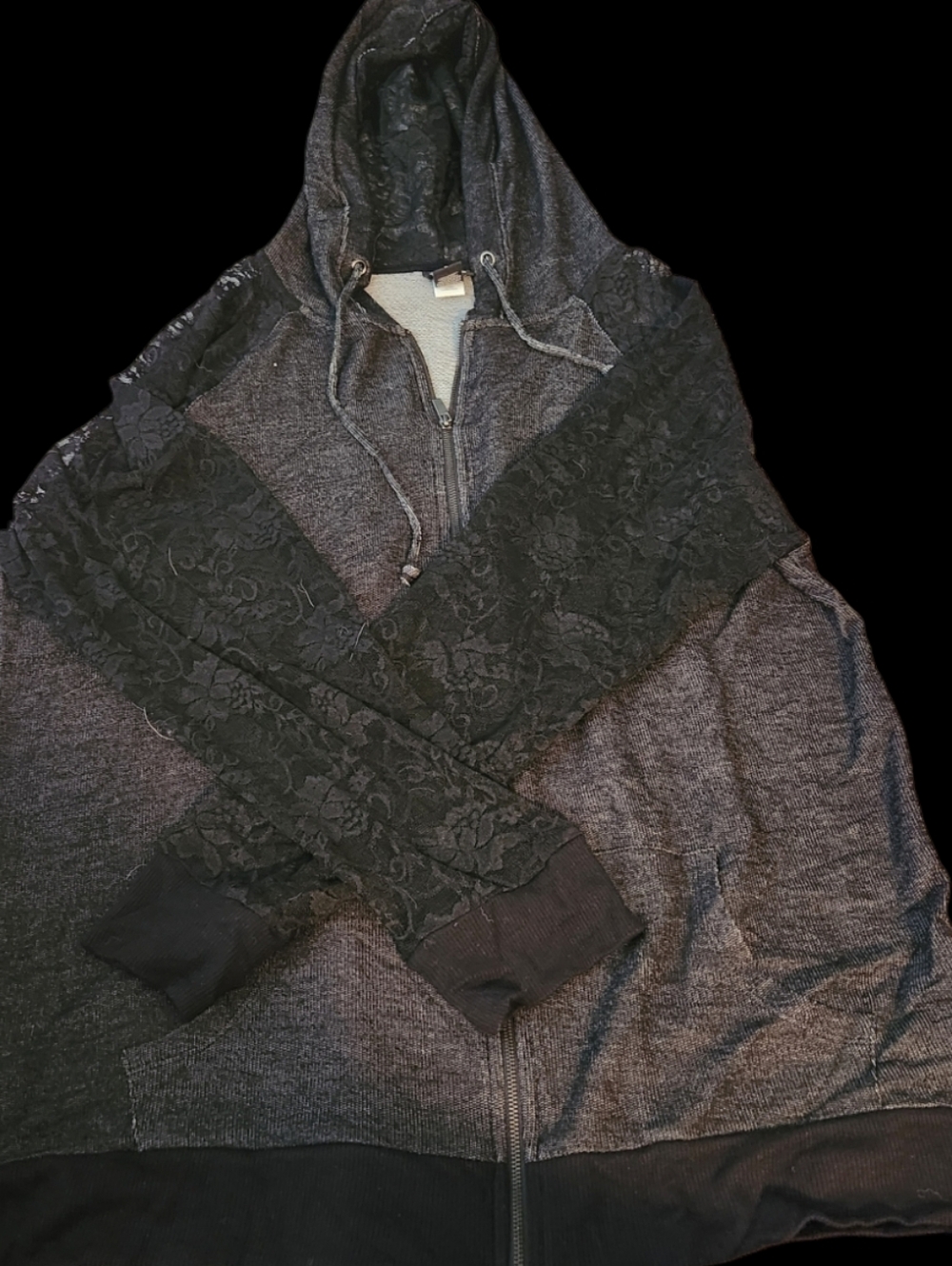 torrid Black and Gray Lace Sleeve Zip Hoodie NBNT